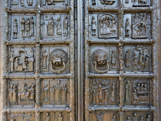 Detail of the ancient bronze Magdeburg Gates of St. Sophia Cathedral in Veliky Novgorod, Russia, 1153 year