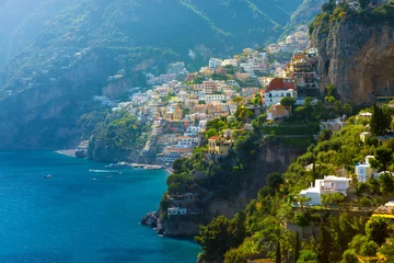 Foto op Canvas Morning view of Positano cityscape on coast line of mediterranean sea, Italy © Aleh Varanishcha