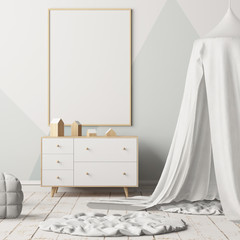 Mock up poster in the children's bedroom with a canopy. Scandinavian style. 3d © shuruev