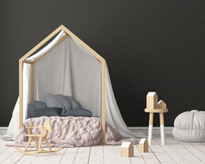 Mock up poster in the children's bedroom with a canopy. Scandinavian style. 3d © shuruev