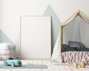 Mock up poster in the children's bedroom with a canopy. Scandinavian style. 3d © shuruev