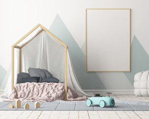 Mock up poster in the children's bedroom with a canopy. Scandinavian style. 3d © shuruev