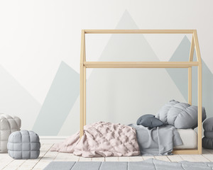 Mock up poster in the children's bedroom with a canopy. Scandinavian style. 3d © shuruev