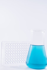  research, science and clinic background. 96 well micro plate and  laboratory beakers with colorful liquids and reagents.  