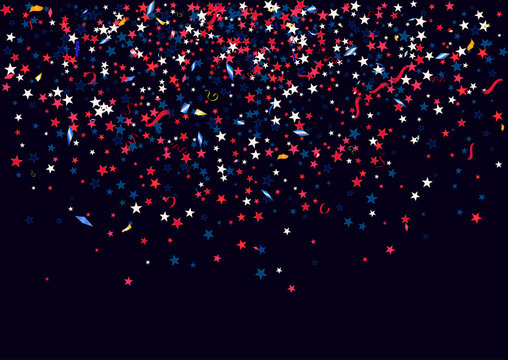 Abstract background with flying red blue silver stars confetti isolated. Blank festive template for usa patriotic holidays
