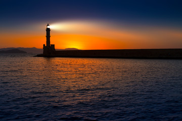 Lighthouse on sunset. Chania, Crete, Greece.
