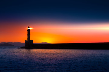 Lighthouse on sunset. Chania, Crete, Greece.