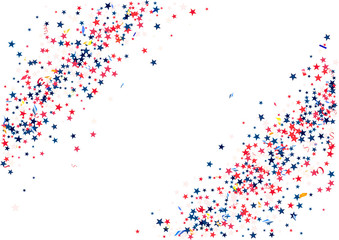 Abstract background with flying red blue silver stars confetti isolated. Blank festive template for usa patriotic holidays