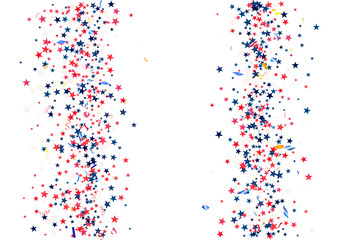 Abstract background with flying red blue silver stars confetti isolated. Blank festive template for usa patriotic holidays