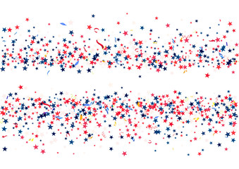 Abstract background with flying red blue silver stars confetti isolated. Blank festive template for usa patriotic holidays