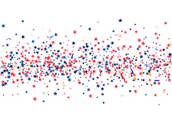 Abstract background with flying red blue silver stars confetti isolated. Blank festive template for usa patriotic holidays