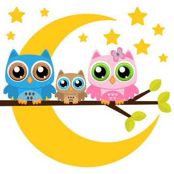 Owls family on a branch on a moon background