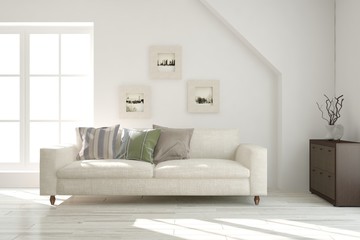 Idea of white minimalist room with sofa. Scandinavian interior design. 3D illustration