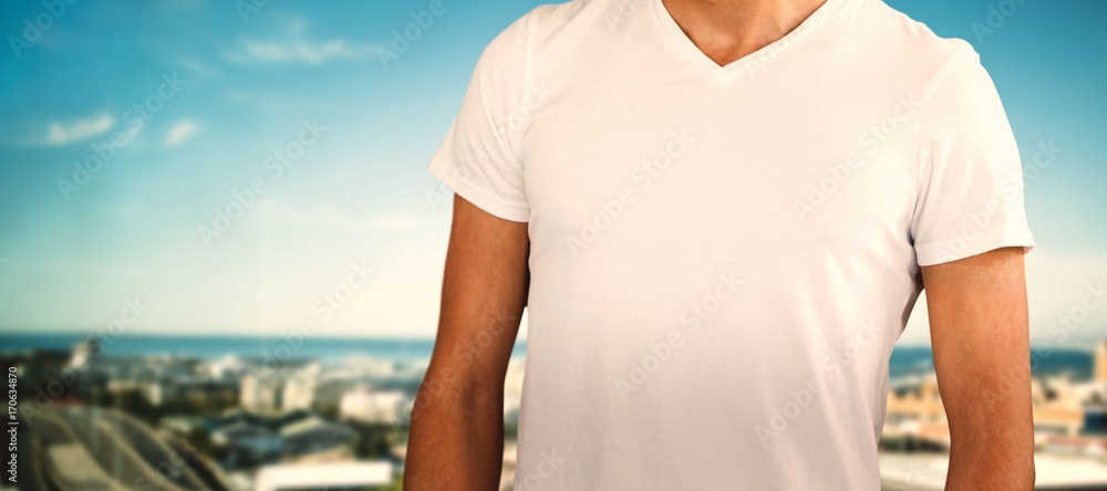 Poster composite image of midsection of model against white background
