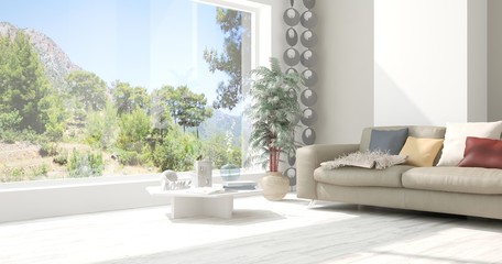 Idea of white room with sofa and summer landscape in window. Scandinavian interior design. 3D illustration