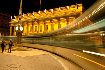Nocturnal passage of a tramway in front of the Grand Theater of Bordeaux