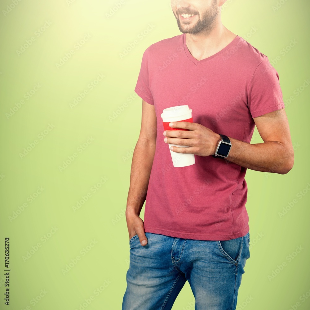 Poster composite image of midsection of smiling model holding