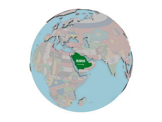 Saudi Arabia with flag on globe