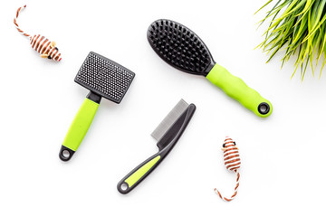 grooming tools for training pet and brushes on white background top view