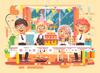 Vector illustration cartoon characters children, friends, boys, girls celebrate happy birthday, congratulating, giving gifts, huge festive cake with candles flat style on background of window