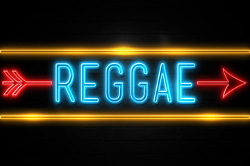 Reggae  - fluorescent Neon Sign on brickwall Front view