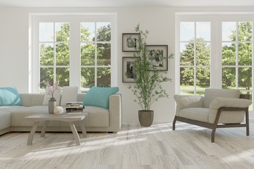 Idea of white room with sofa and summer landscape in window. Scandinavian interior design. 3D illustration