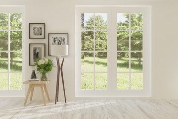 White empty room with summer landscape in window. Scandinavian interior design. 3D illustration