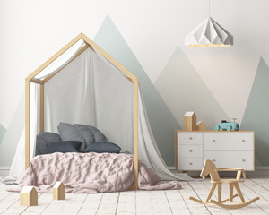 Mock up poster in the children's bedroom with a canopy. Scandinavian style. 3d © shuruev