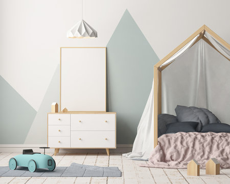 Mock up poster in the children's bedroom with a canopy. Scandinavian style. 3d
