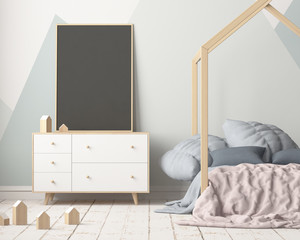 Mock up poster in the children's bedroom with a canopy. Scandinavian style. 3d © shuruev