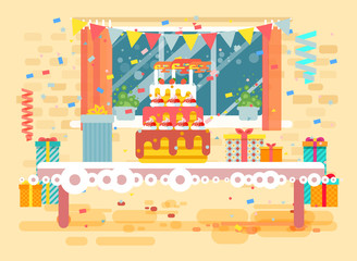 Vector illustration huge festive cake with candles on table, confetti, celebrate happy birthday, congratulating, gifts, flat style on window background element for website, banner, motion design