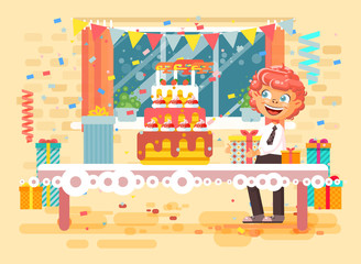 Vector illustration cartoon character child lonely redhead boy celebrate happy birthday, congratulating give gifts, huge festive cake with candles and confetti flat style on background of window