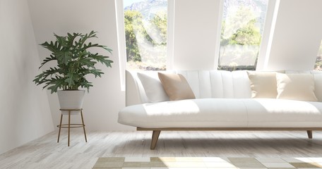 Idea of white room with sofa and summer landscape in window. Scandinavian interior design. 3D illustration