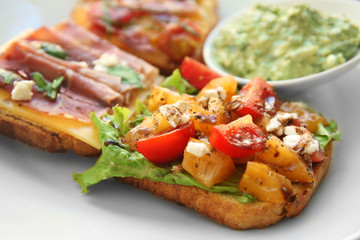 Tasty sandwiches on plate, closeup