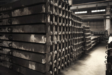 Stack of slabs in workshop of concrete batching plant