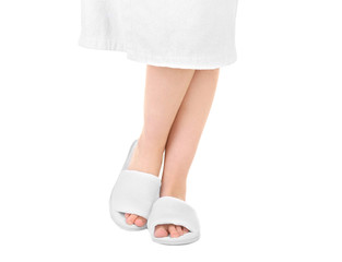 Woman in bathing slippers on white background