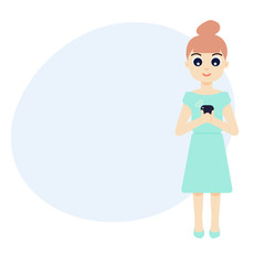 Full portrait of a young woman holding mobile phone isolated on a white background. Girl using smartphone. Design template with place for your text. Cartoon vector illustration.
