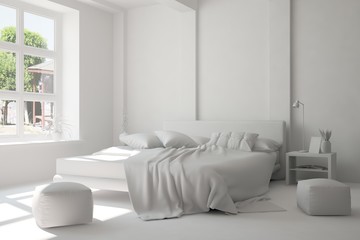 Inspiration of white minimalist  bedroom with summer landscape in window. Scandinavian interior design. 3D illustration