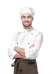 Young male chef isolated on white