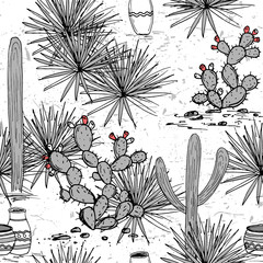 Hand drawn set with jars, saguaro, blue agave, and and prickly pear. Latin American background. Mexican landscape Vector illustration.