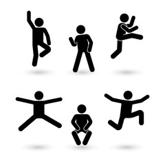 Stick figure happiness, freedom, jumping boy motion set. Vector illustration of celebration man poses pictogram