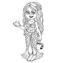 Cute girl in mermaid costume with a pumpkin bag for sweets trick or treat outlined for coloring page