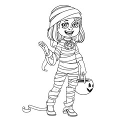 Cute girl in mummy costume with a pumpkin bag for sweets trick or treat outlined for coloring page