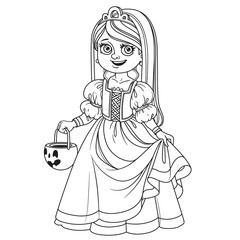 Cute girl in princess costume holding a pumpkin bag for sweets  trick or treat outlined for coloring page