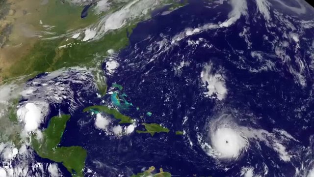 Hurricane storm Irma seen from satellite, approaching to Puerto Rico, Cuba and United States.  Elements of this image furnished by NASA