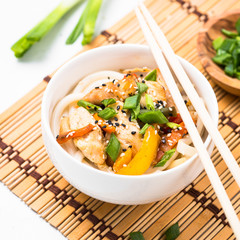 Udon stir-fry noodles with chicken.