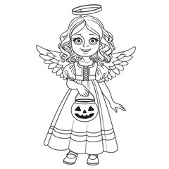 Cute girl in angel costume holding a pumpkin bag for sweets  trick or treat outlined for coloring page