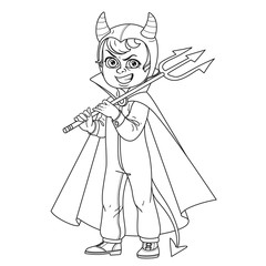 Fototapeta na wymiar Cute boy in overalls devil costume with a trident in his hand trick or treat outlined for coloring page