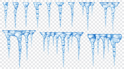 Set of translucent icicles. Transparency only in vector file - obrazy, fototapety, plakaty