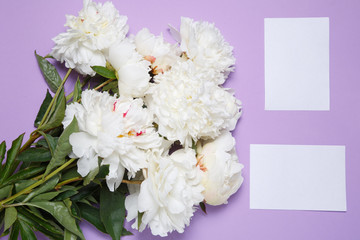 A bouquet of white peonies lies sheets of paper on a lilac background.